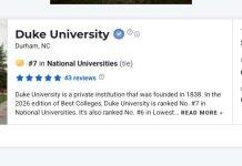 杜克大学全美大学最新排名中位列第七