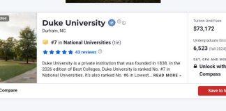 杜克大学全美大学最新排名中位列第七